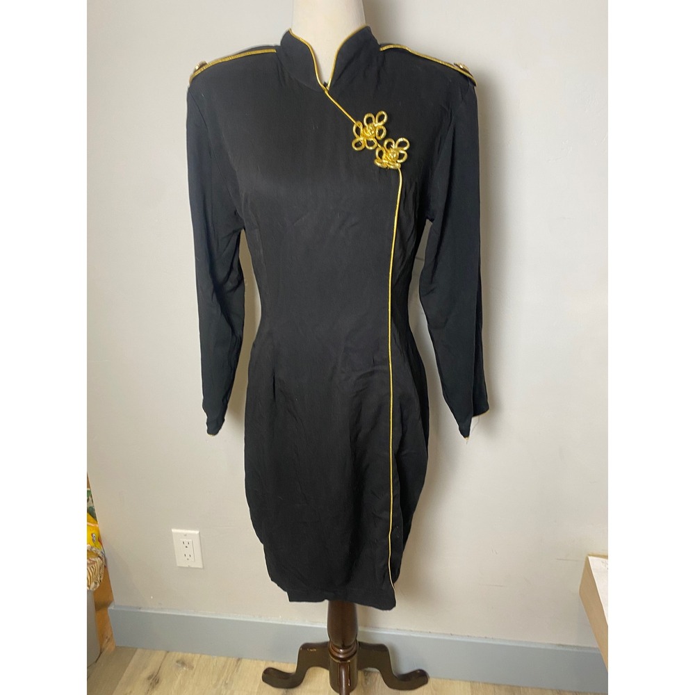 Vintage La Belle Fashions Black Gold Trim Mandarin Epaulette Sheath Dress 7/8